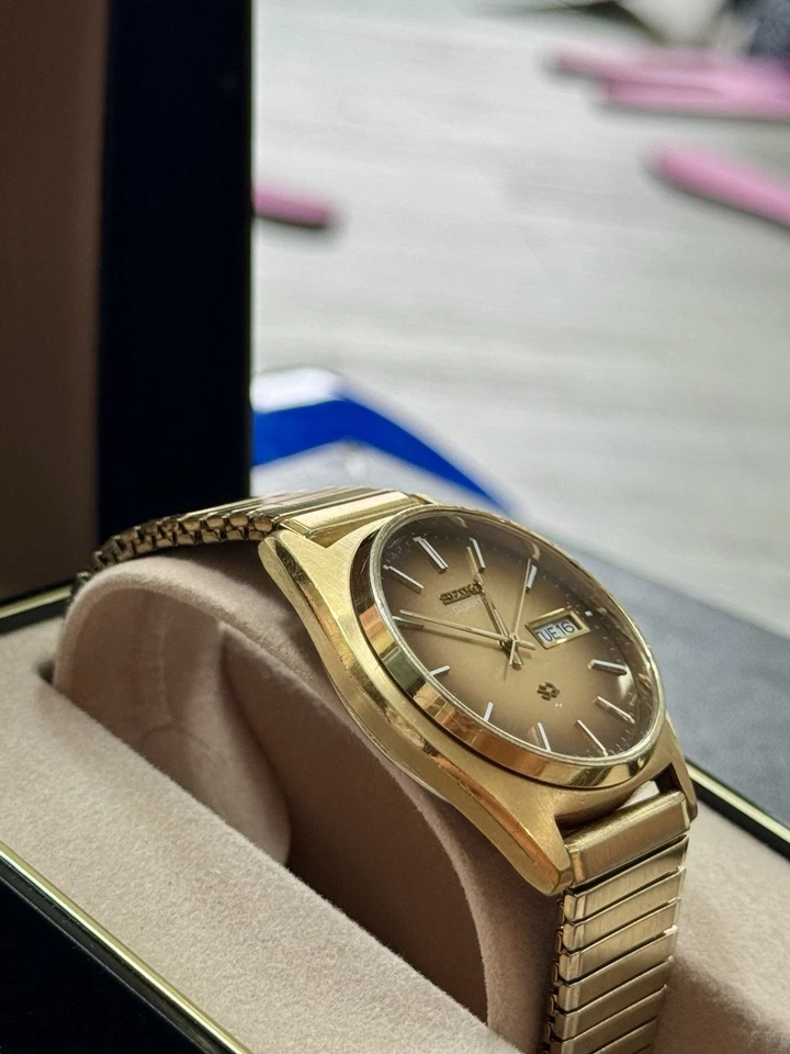 Vintage Seiko Gold SQ 1977 Brown Tiger Eye Dial Day Date Bracelet 4336-8019 - Image 2 of 4