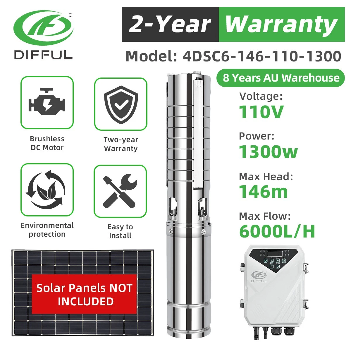 DIFFUL 4" 1300W 110V Solar Submersible Bore Water Pump 146m Deep Well Brushless
