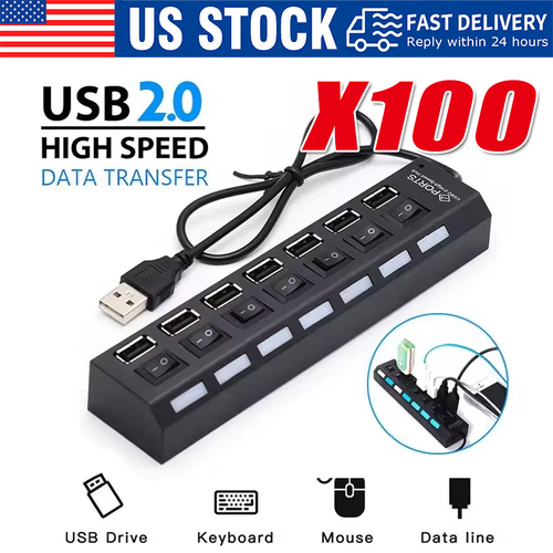 USB Hub 7 Port On/Off Switch High Speed Splitter AC Adapter Cable PC Laptop Lot