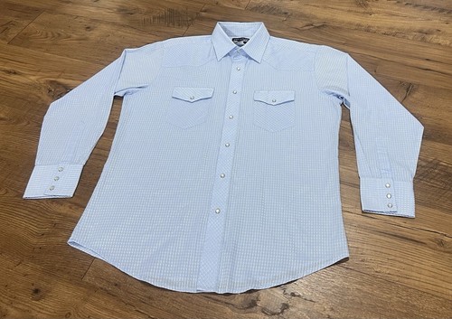 Vintage Wrangler Button Up Shirt Mens L Blue Pearl Snap Western Cowboy Rodeo 70s - Picture 2 of 9