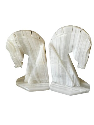 Hand Carved Onyx Stone Horse Head Knight Vintage MCM 9'' Bookends Decor Mexico