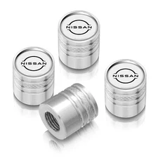 for Nissan New Logo White on Silver Aluminum Cylinder-Style Tire Valve Stem Caps