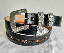 Vintage BOUNTY HUNTER Sterling Silver Signed Buckle Leather Beaded Size 36 Belt