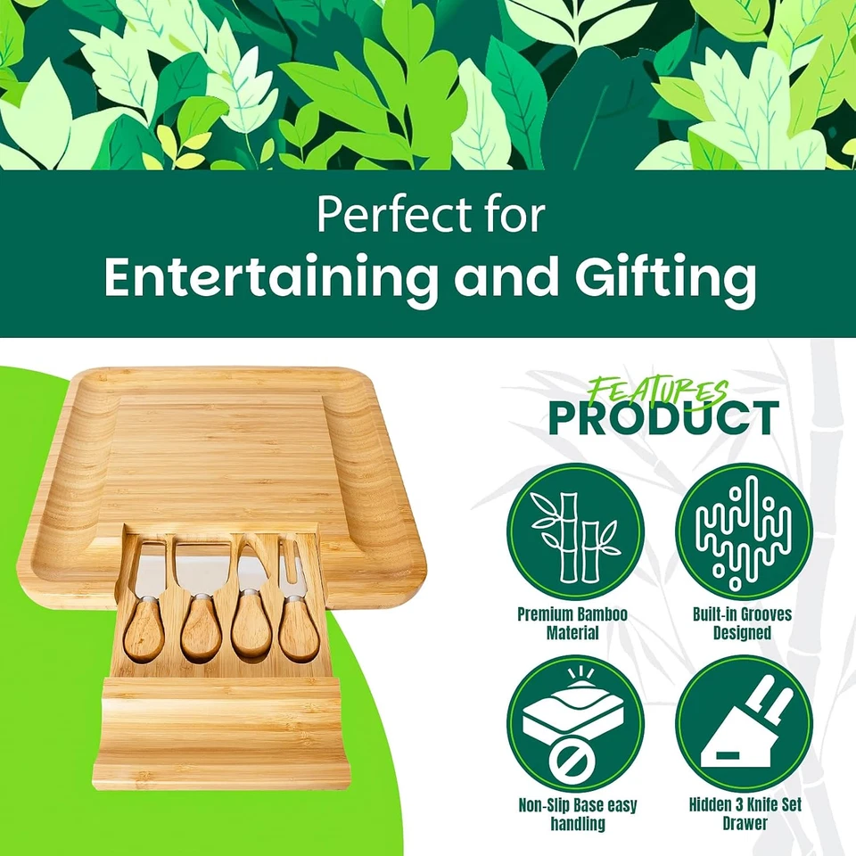 Bamboo Cheese Board Gift Set Wooden Charcuterie Serving Platter with 4 Knives - Image 3 of 4