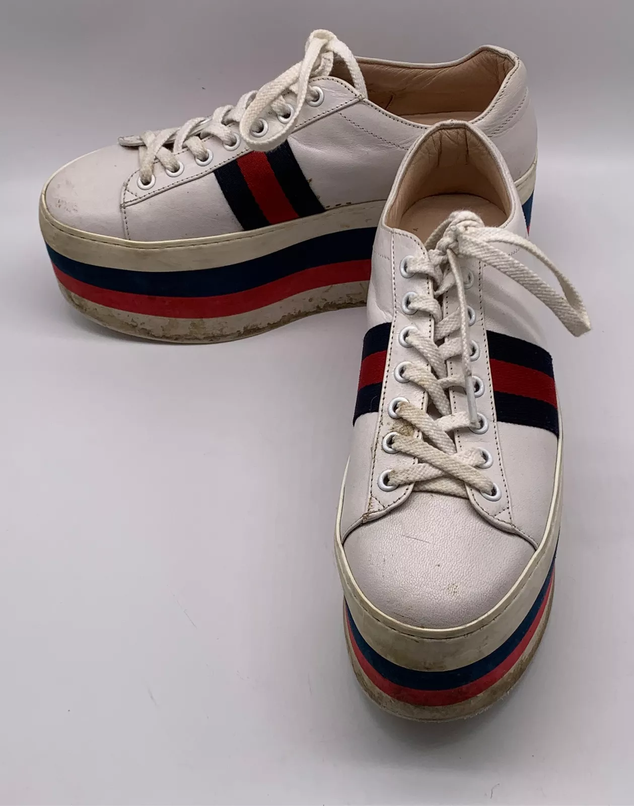 Baskets plates femme Gucci blanc peggy cuir rouge bleu rayures pointure 38,5 us 8,5