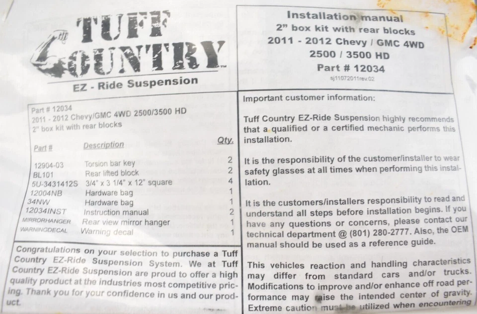 Kit de elevación de caja Tuff Country 12034 de 2" 11-16 Chevy Silverado GMC Sierra 2500 / 3500 Foto 2 de 3