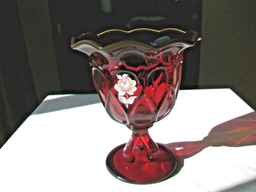 WESTMORELAND HAND PAINTED ARTIST SIGNED GLASS COMPOTE DORIC RUBY RED 5 1/4" - Picture 2 of 12