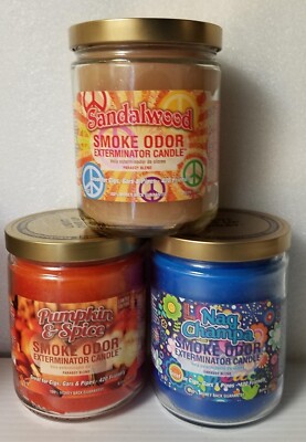 Smoke Odor Exterminator 13 oz Jar Sandalwood, Assorted Set of (3) Candles.