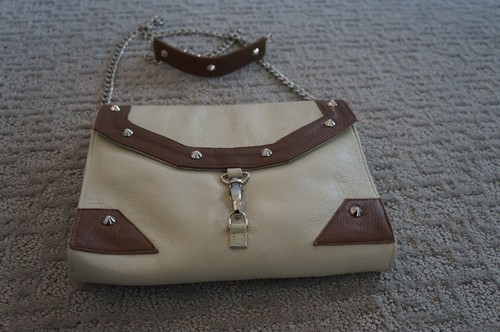 NEW JJ Winters Brown Ecru Leather Mix BOHEMIAN Stud Kate Shoulder Crossbody Bag - Picture 8 of 12
