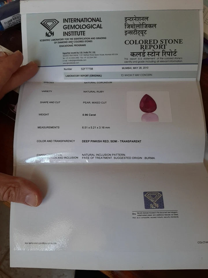 Natural Ruby, 0.96ct., UNHEATED,  IGI Certificate, Mogok Burma, Pear Shape - Image 3 of 4