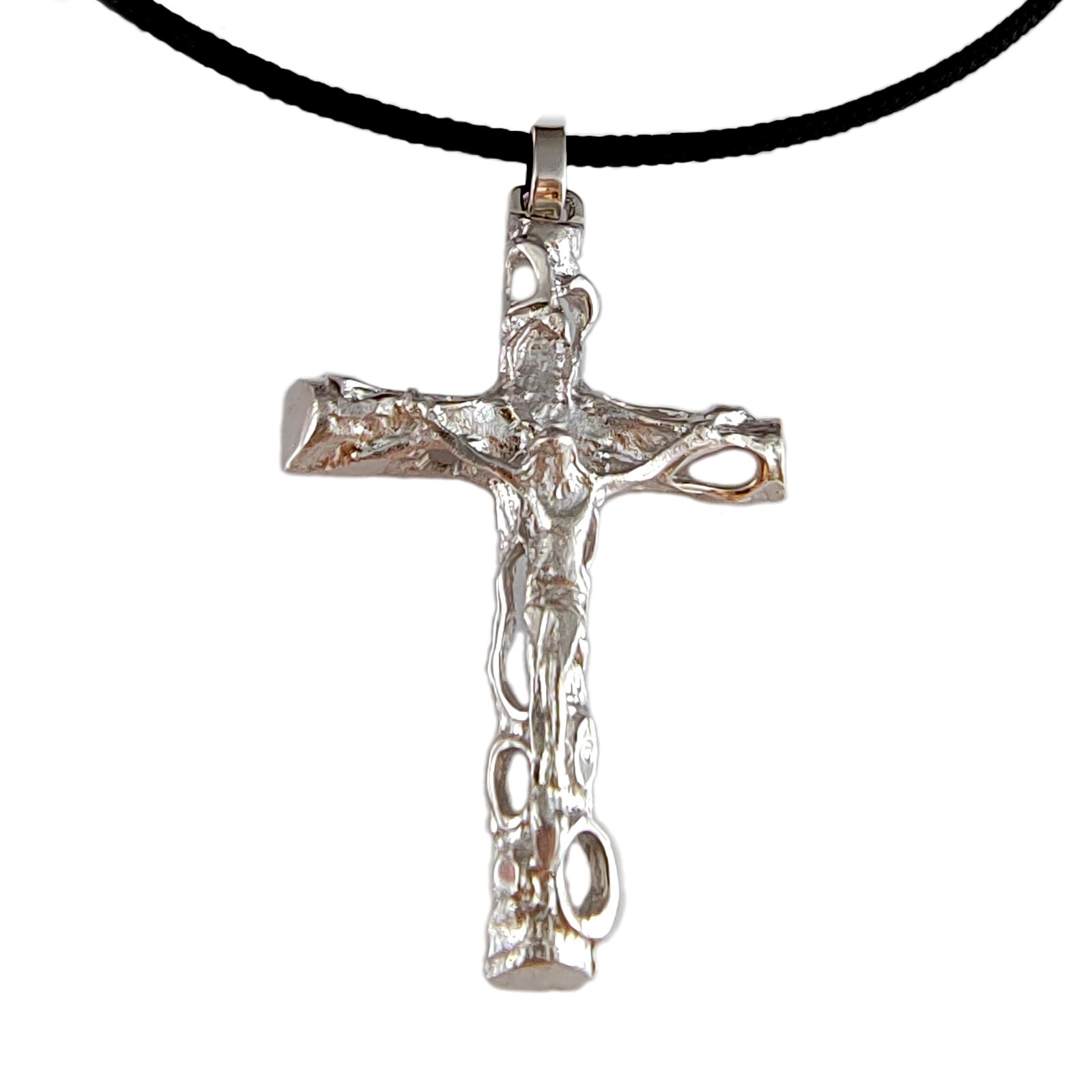 Collar Con Cruz de Plata 925 de Hombre Gargantilla Cordón Algodón Negro CM 50