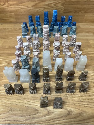 VTG Marble Quartz Onyx Aztec Replacement Lot Of 65 Chess Piece Clear Multicolor