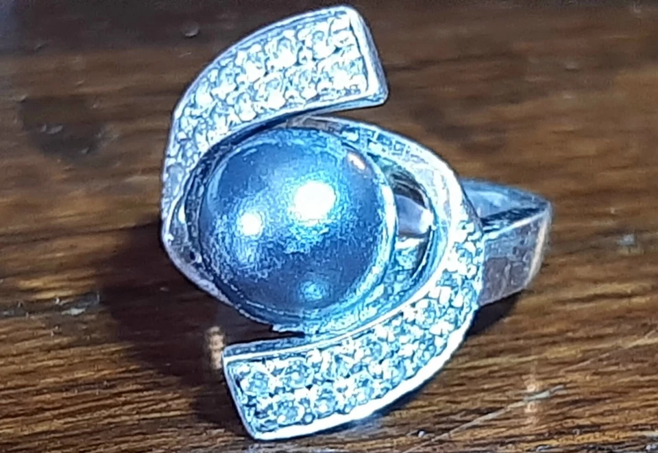 Anello -Argento- Perla Nera Di Tahiti-E Cristalli - Vintage - Immagine 4 di 4