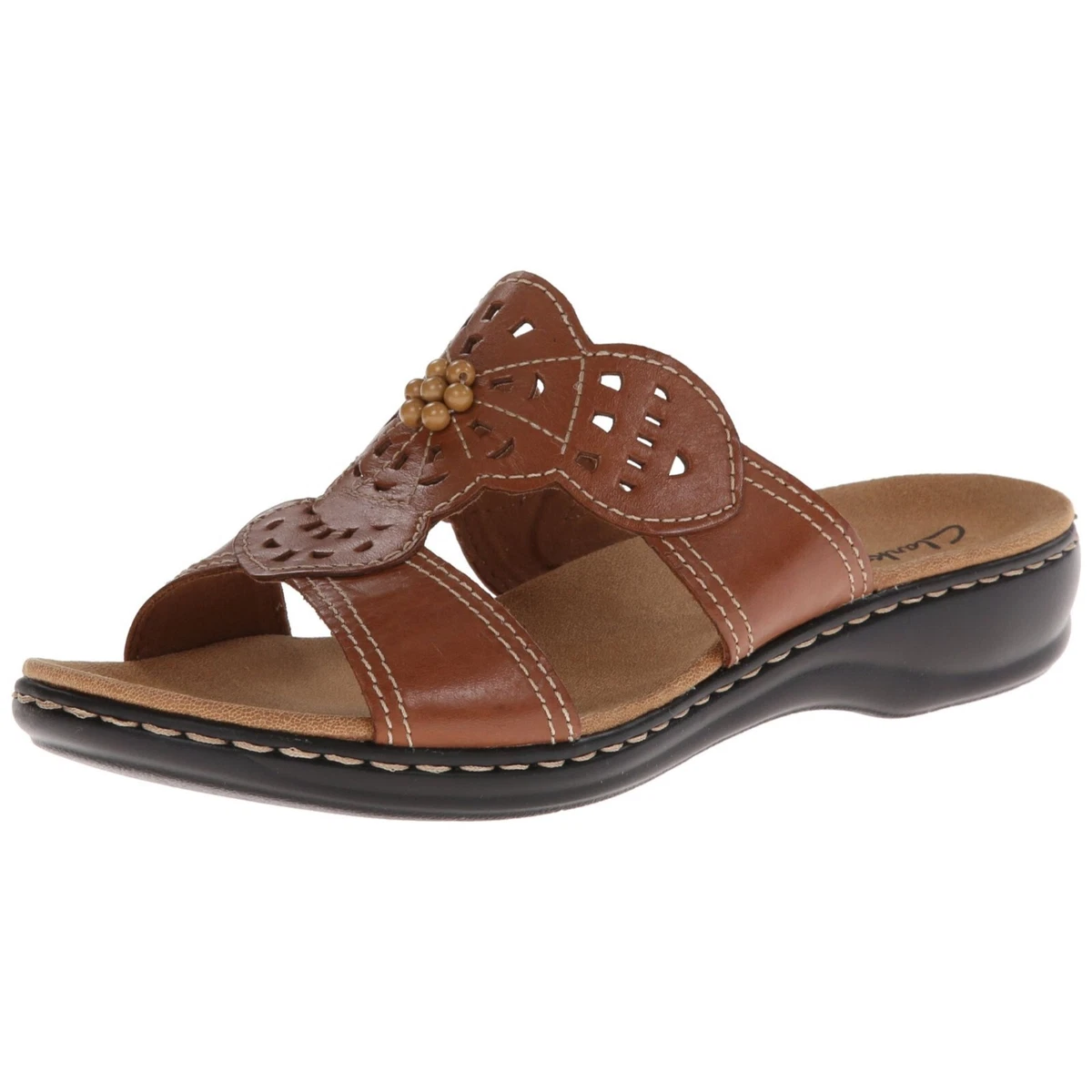Clarks Bendables Leisa Lolly Sandal Open Toe Tan Leather Slides Women s 6.5