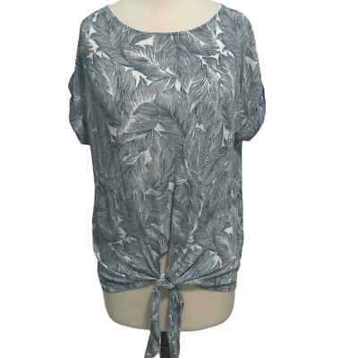 Final Touch Women's Short Sleeve Feather Print Tie Front Blouse Top Blue Small