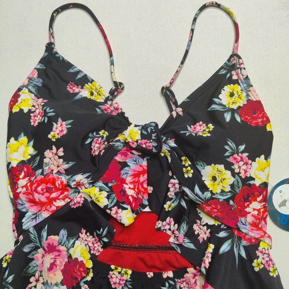 Traje de baño de una pieza negro cobertura descarada estampado floral Decree XS para mujer NUEVO Foto 4 de 4