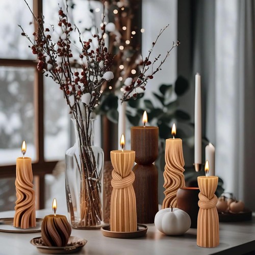 6 Pillar Candle Set Soy Wax Scented Ribbed Decorative Home (Brown,2.36-6.89 in.) - Picture 6 of 6