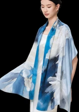 100% Silk Scarf Women neckerchief long Shawl Wrap floral navy blue gray MY225