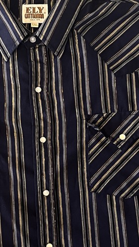 Ely Cattleman Pearl Snap Mens XXL Blue Stripe / Gold Thread Long Sleeve Shirt - Picture 2 of 8