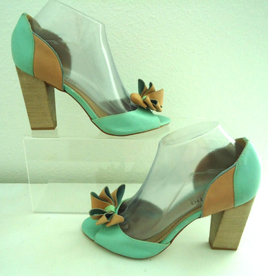 Miucha Leather Heels Mint Tan Retro D'Orsay Peep Toe Bow Block Heel Brazil Sz-8