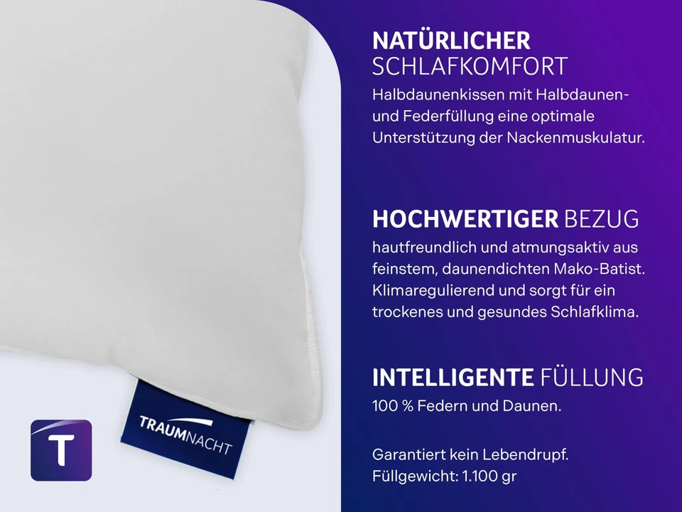Komfort Daunenkissen mit hochwertiger Halbdaunenfüllung und daunendichtem Bez... - Bild 3 von 4