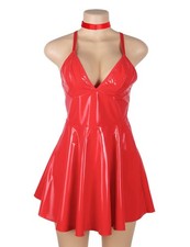 WOW BABE Red Shiny Faux Leather Wet Look V Neck Choker Mini Dress Size 8