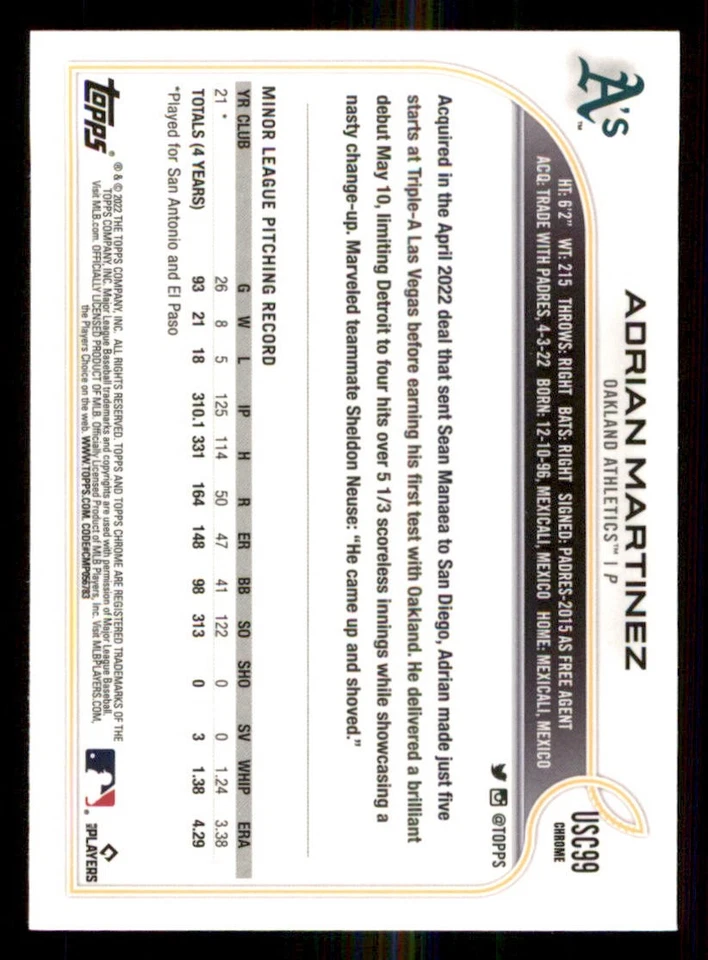 2022 Topps Chrome Update #USC99 Adrian Martinez RC - Image 2 of 2