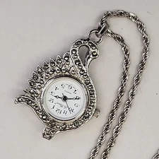 Vintage Swan Watch Pendant Necklace Marcasites Silver Tone Rope Chain Works 28"