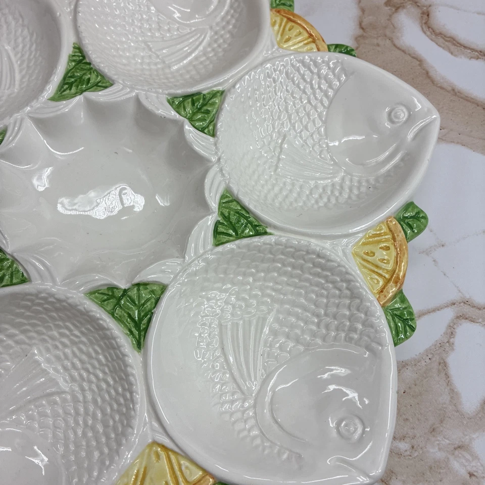 Bandeja dividida vintage de cerámica para servir pescado 1985 hoja de limón costera Foto 4 de 4