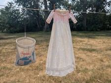 Vintage Handmade Baby Christening Gown Pink Ivory Lace 34in Heirloom Baptism