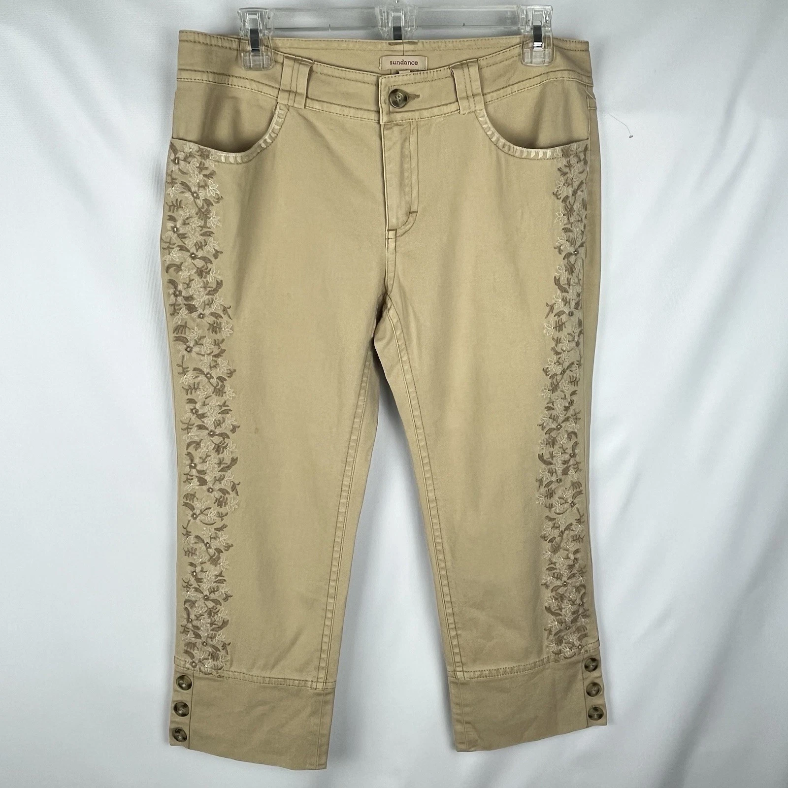 SUNDANCE Capri Pants Womens 8P Petite Embroidered Beige Stretch Y2K Boho Hippie
