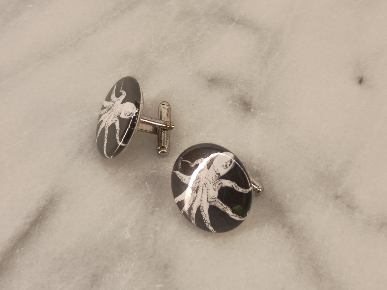 Button Style Black And White Octopus Cufflinks - image 2