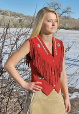 Women Cow Lady Red Sweden Leather Vest Fringes & Western Pearls Porter