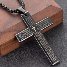 Stainless Steel Cross Necklace for Men, Lord's Prayer Bible Cross Necklace