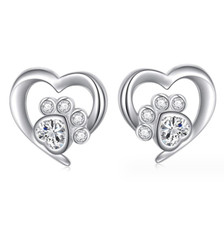 925 Sterling Silver Dog Cat Paw Prints CZ Heart Stud Earrings 9mm Gift Box I111