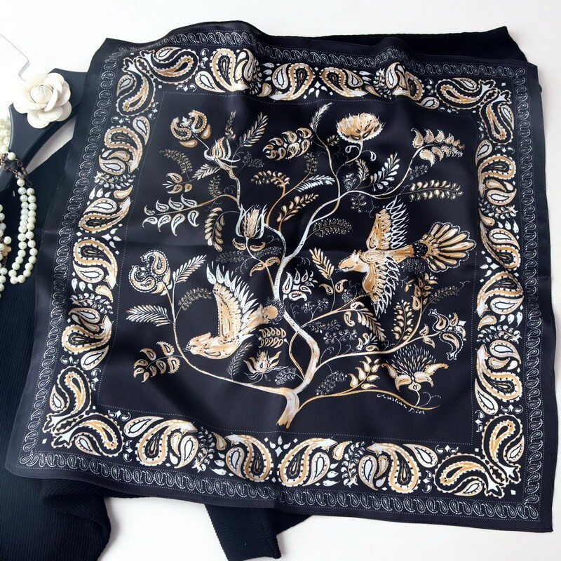 Pure Silk Vintage Scarf with Blue Bird and Flowers Print, 53cm Bandana for Women