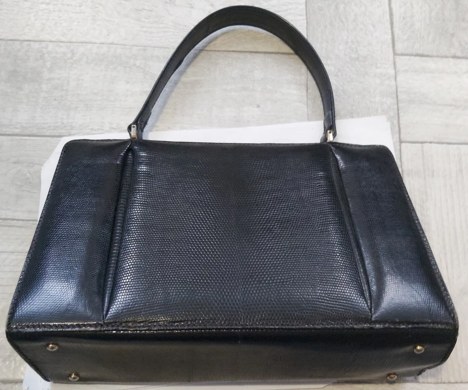 sac à main ancien noir en lézard véritable - Photo 2/4