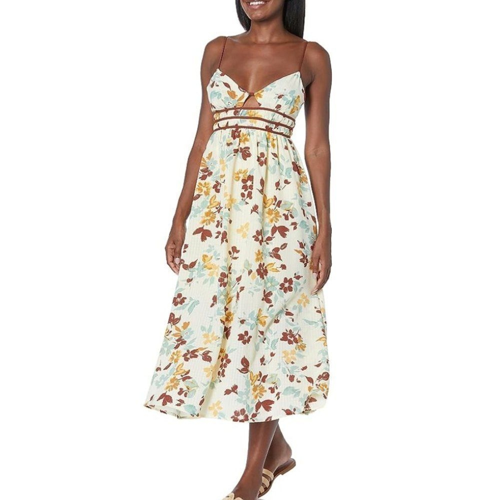 MOON RIVER Floral V Neck Sleeveless Cut-Out Shirred Midi Dress Ivory Multi NWT S