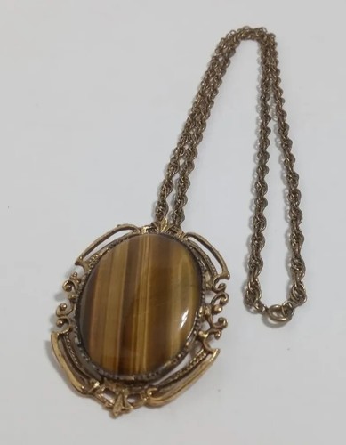 Vintage Antiqued Gold Tone Tiger's Eye Pendant Brooch Rope Chain 24" Victorian - Picture 2 of 12