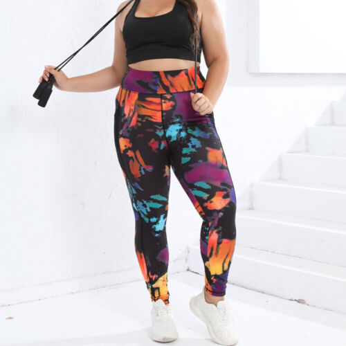 Tie Dye Plus Size Women's Leggings Sports Pocket Yoga Pants Gym Fitness 0XL-4XL - Picture 3 of 7