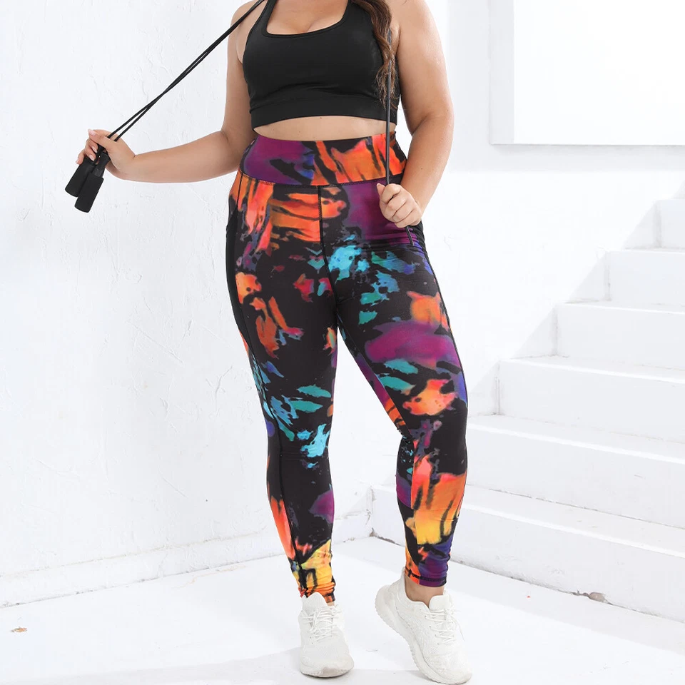 Tie Dye Plus Size Women's Leggings Sports Pocket Yoga Pants Gym Fitness 0XL-4XL - Image 3 of 4