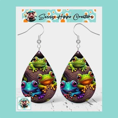 Earrings Neon Colorful Trio of Frogs in Tree MDF Hook Backs Hand Sublimated