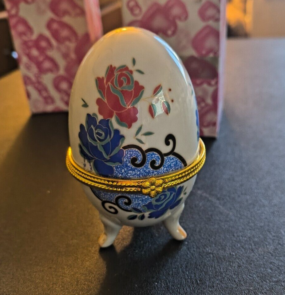 Porcelain Floral 3-Foot Hinged Egg Trinket Box 4 Inch Tall New
