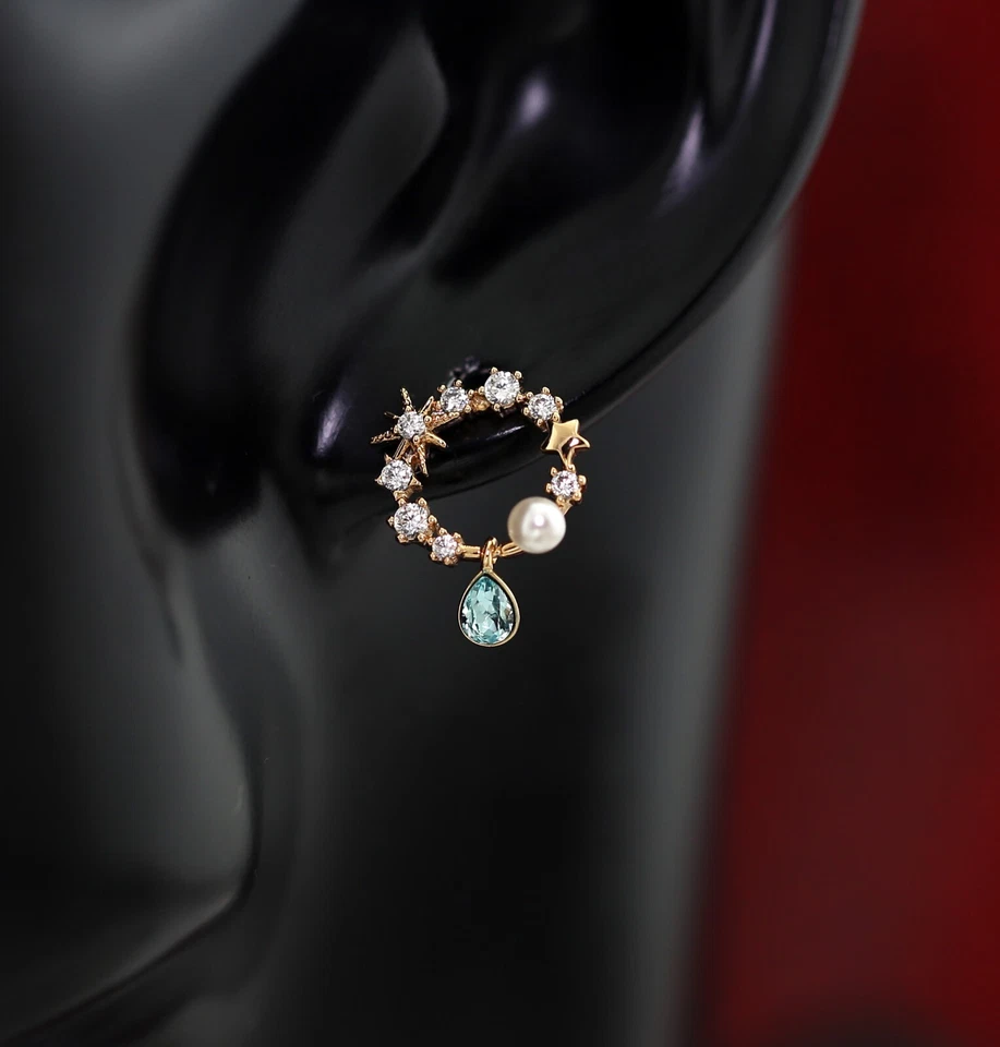 18K Rose Gold GF Stars & Pearl Moon Aquamarine Droplet Circle Stud EARRINGS Gift Foto 4 de 4