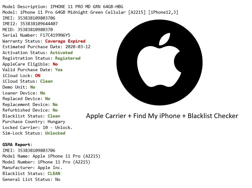 Apple iPhone Carrier + Find My iPhone + Blacklist check