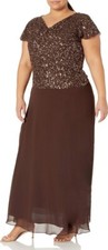 J KARA Brown Gold Beaded Sequin Embellished Mock 2pc Chiffon Maxi Gown Dress 16