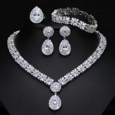 Luxury Lady Necklace Earrings Ring Bracelet Wedding Silver Plated CZ Jewelry Set