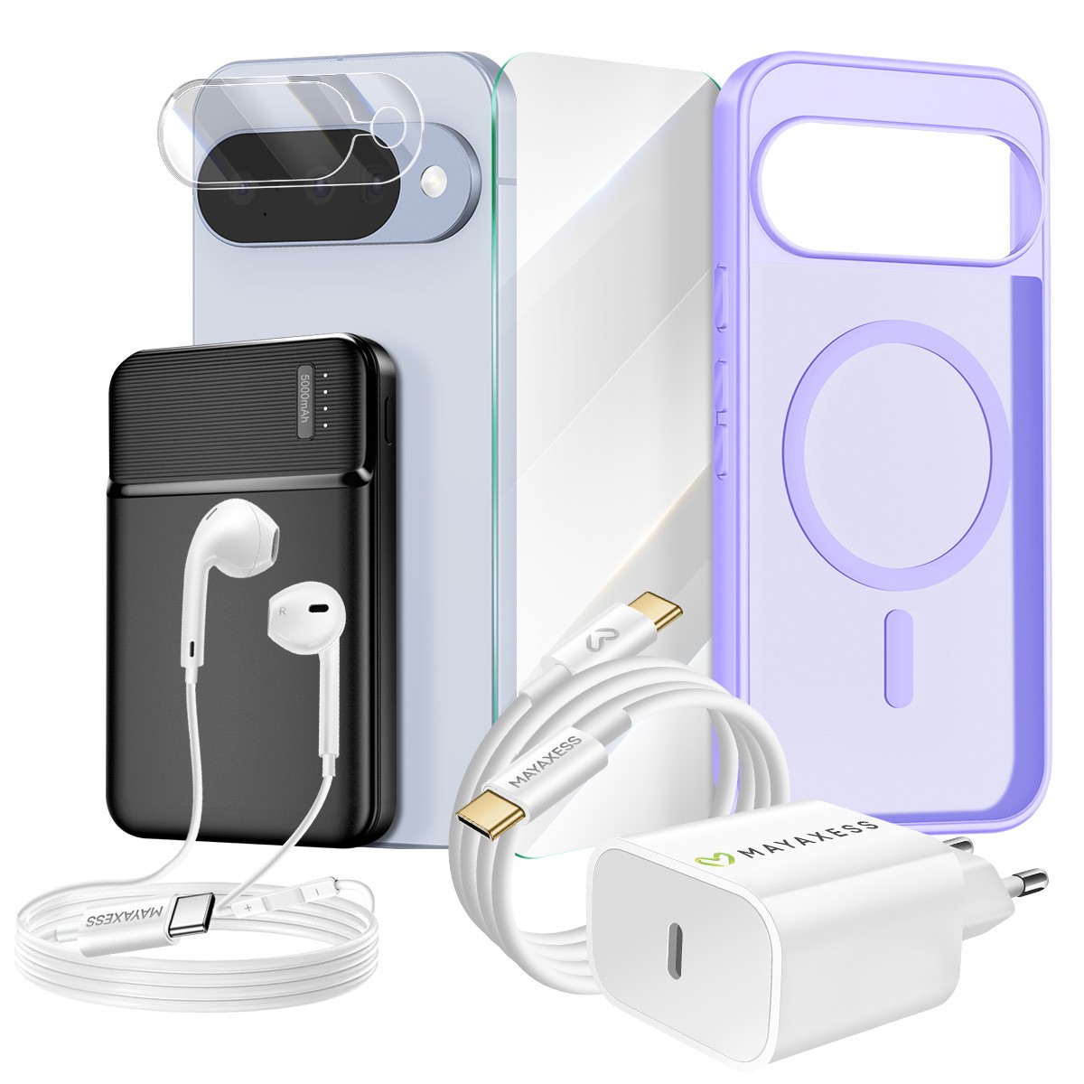 Pack Pixel 10 coque verre trempé chargeur rapide et écouteurs sans fil bluetooth