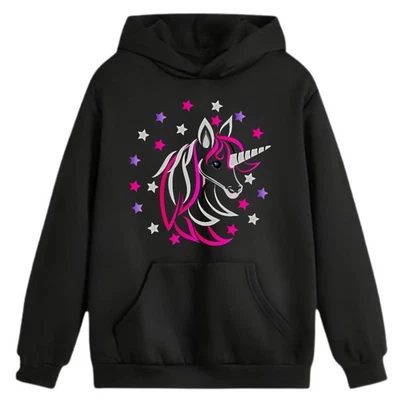 Sweat à Capuche Fille Noir Licorne Rose - stylé et confortable 3 à14 Ans - Photo 1/3