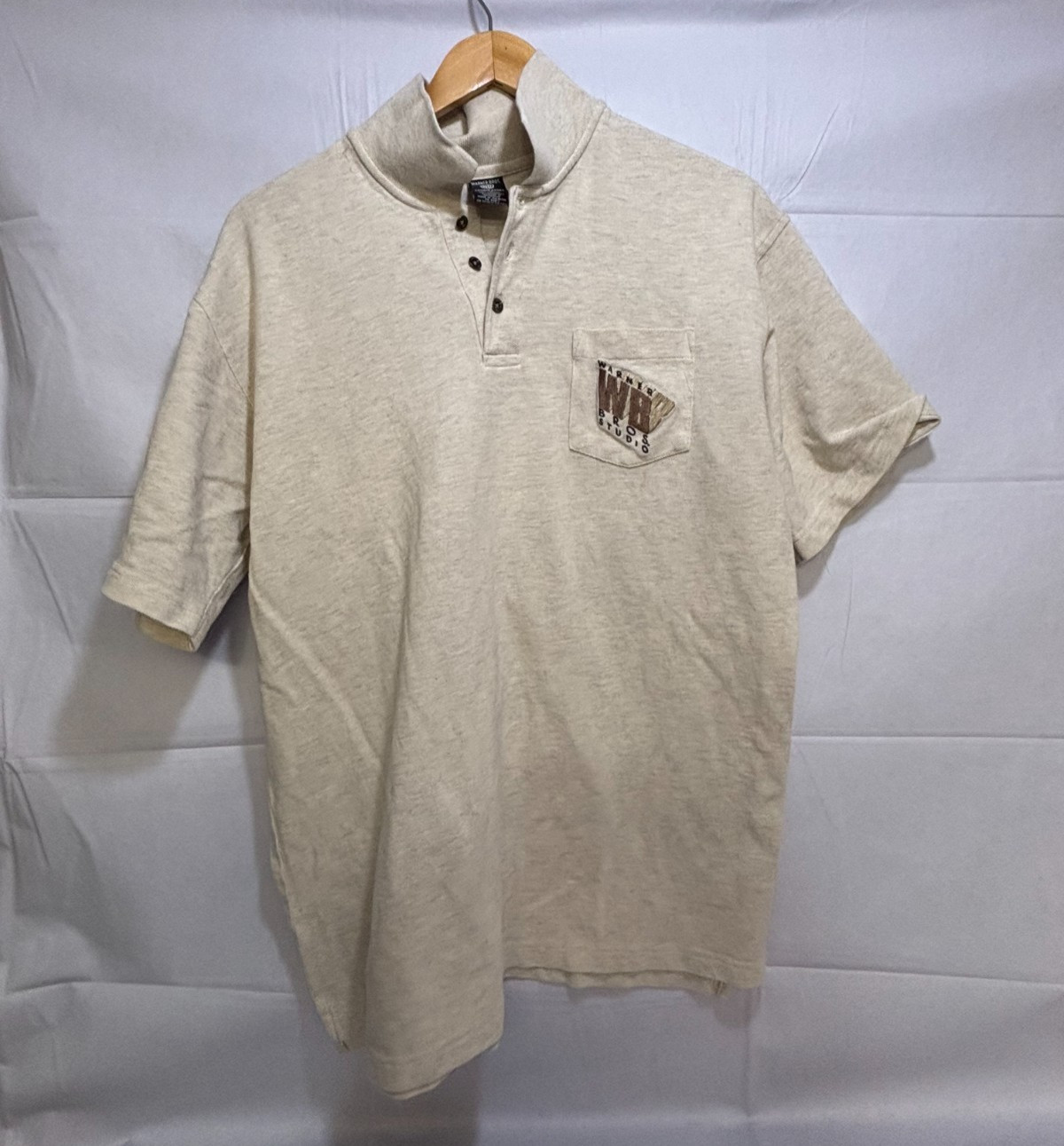Warner Bros Studio Store Polo Shirt Mens Heather Beige Short Sleeve Vintage